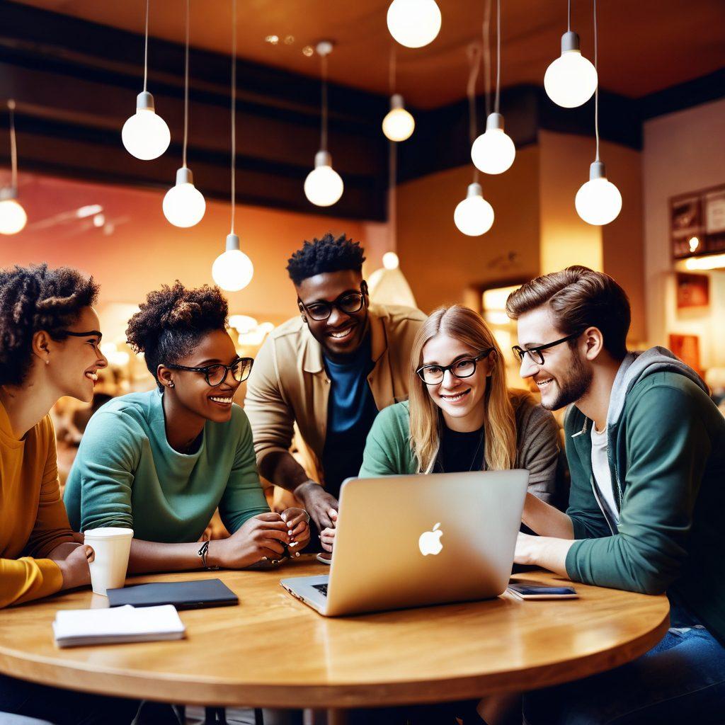 A vibrant scene depicting a diverse group of people gathered around a laptop in a cozy café, joyfully interacting and sharing ideas. Visual elements include chat bubbles and social media icons floating around, symbolizing engagement and connection. Soft lighting and warm colors evoke a sense of community and creativity. super-realistic. vibrant colors. soft focus.
