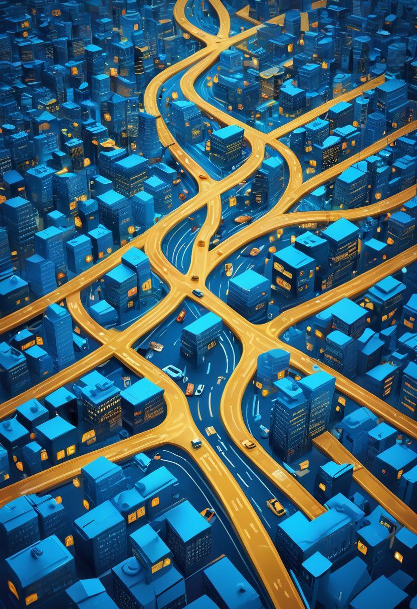 An intricate roadmap depicting a vibrant blogosphere with various blog themes represented by colorful icons, pathways leading to a bustling city of traffic symbolizing readership growth. Include elements like laptop screens and stylized keywords floating around as signposts. The background should be a gradient of blue and gold, symbolizing endless possibilities. super-realistic. vibrant colors. digital art.