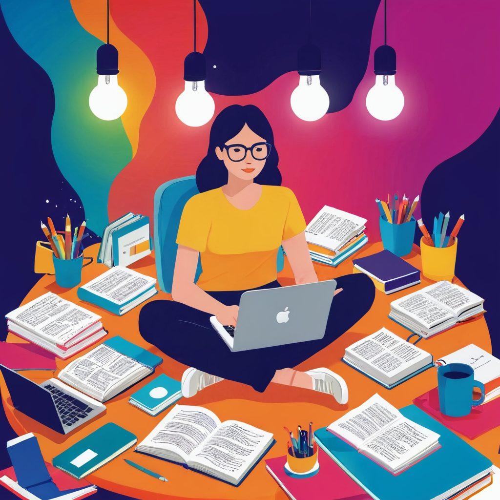 A vibrant illustration of a blogger sitting at a colorful desk, surrounded by open notebooks and a laptop, with bright lightbulbs symbolizing ideas floating around, and a pathway of books leading to a vast digital landscape filled with blogs and articles. The atmosphere should be energetic and inspiring, conveying creativity and potential. vector art. vibrant colors. white background.